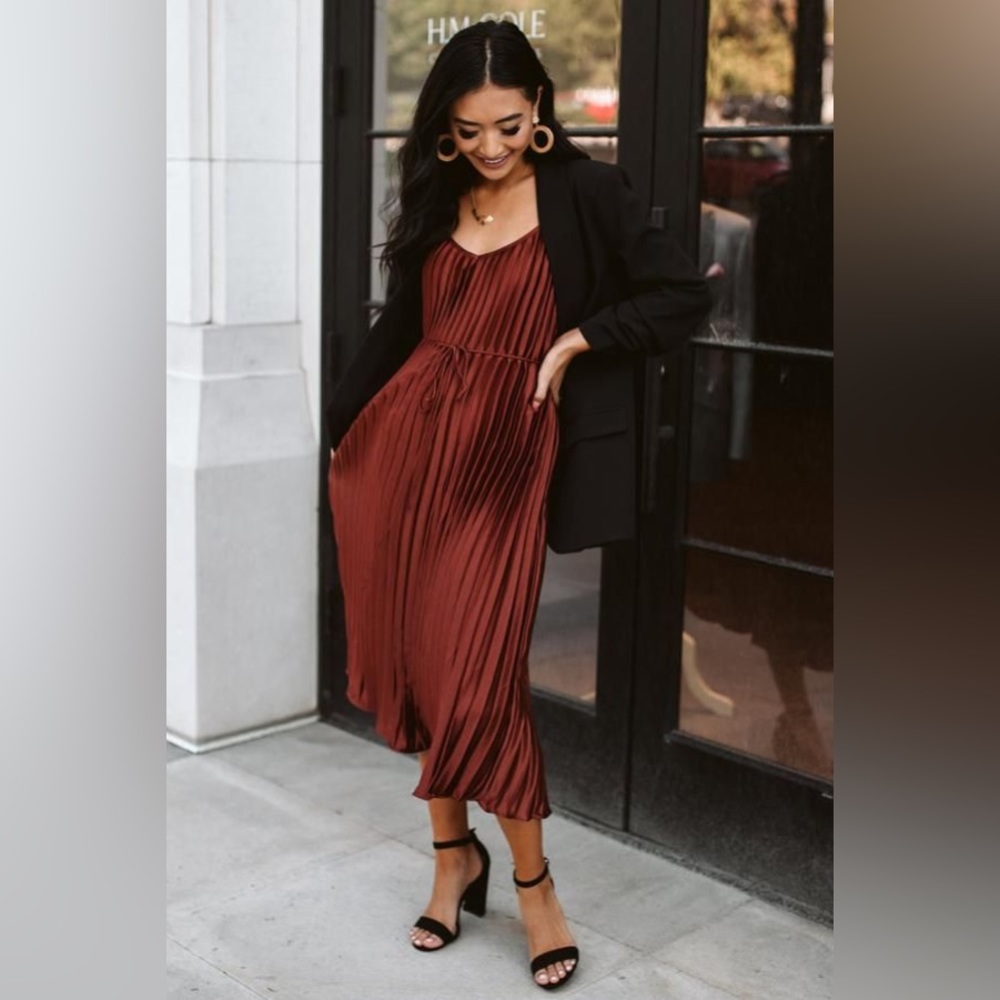 Bohme Pleated Midi Cocktail Dress in Rust/Red